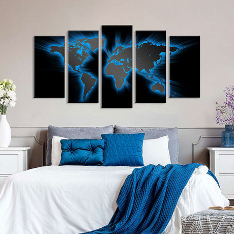 5 Piece Modern Abstract Light Blue World Map Canvas Wall Art