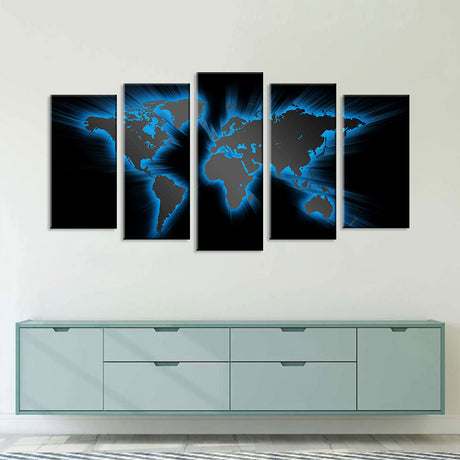 5 Piece Modern Abstract Light Blue World Map Canvas Wall Art