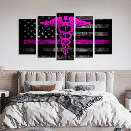 5 Piece Nurse Symbol w/ American Flag Canvas Wall Art