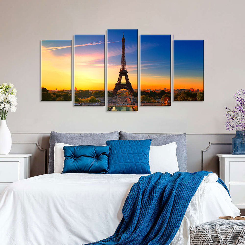 5-Piece Paris Eiffel Tower Sunset Canvas Wall Art