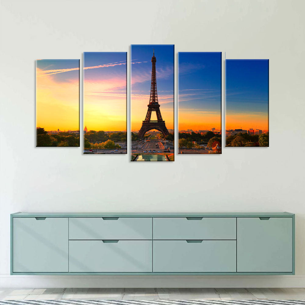 5-Piece Paris Eiffel Tower Sunset Canvas Wall Art