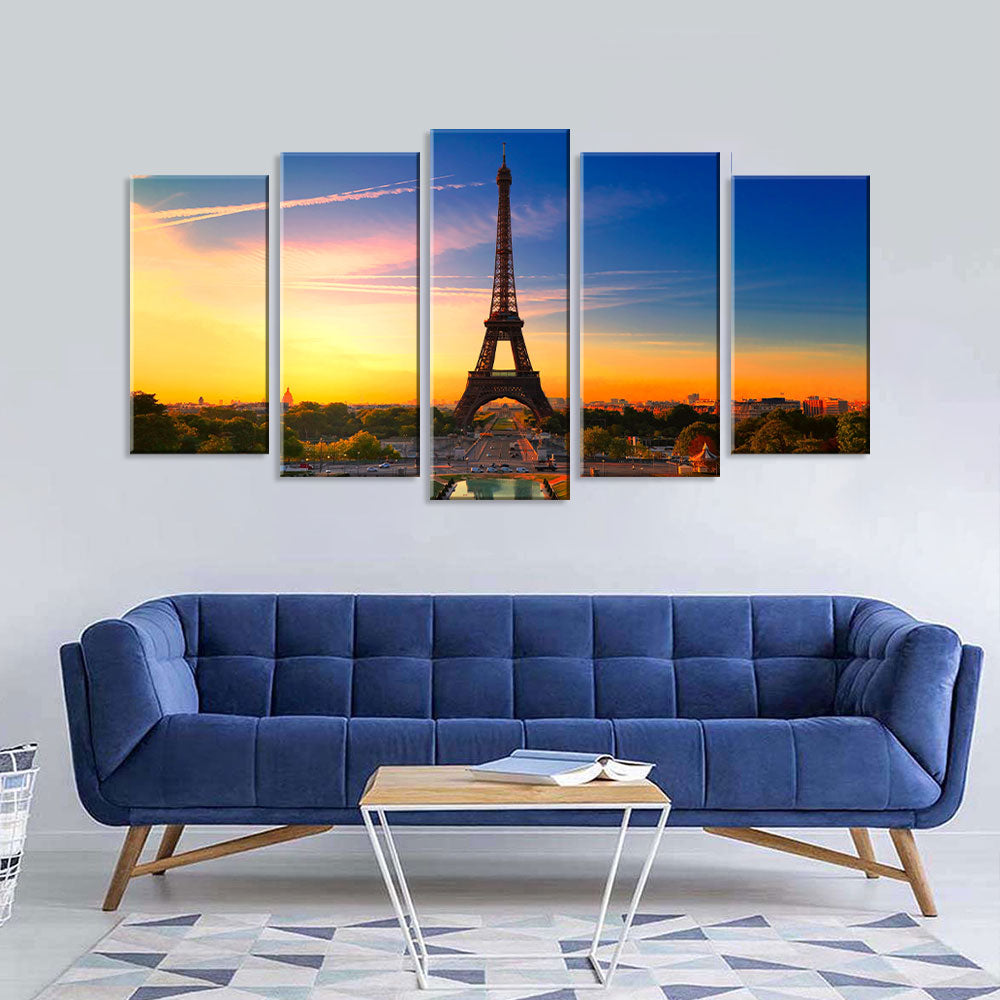 5-Piece Paris Eiffel Tower Sunset Canvas Wall Art