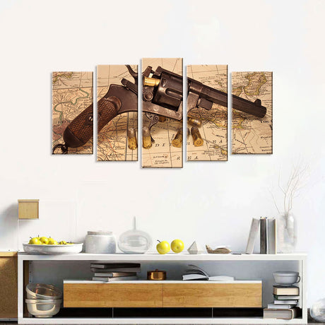 5 Piece Pistol on Vintage World Map Canvas Wall Art