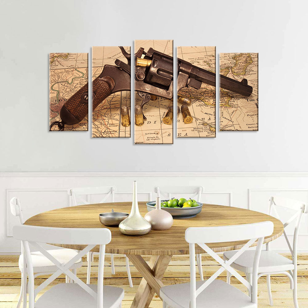 5 Piece Pistol on Vintage World Map Canvas Wall Art
