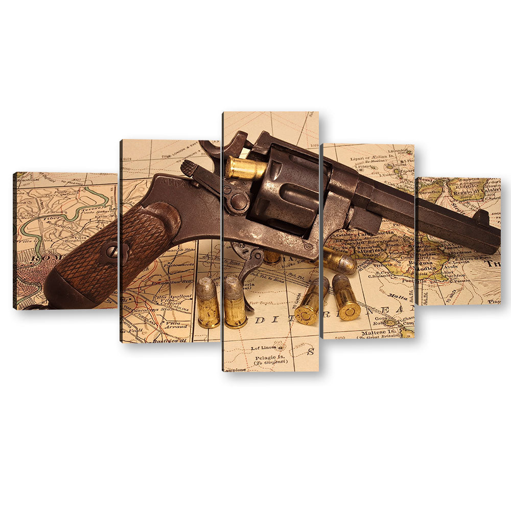 5 Piece Pistol on Vintage World Map Canvas Wall Art
