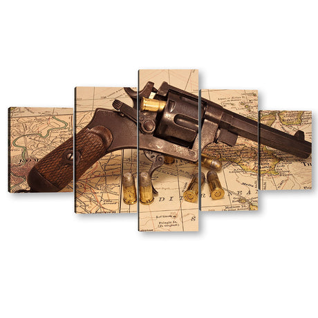 5 Piece Pistol on Vintage World Map Canvas Wall Art