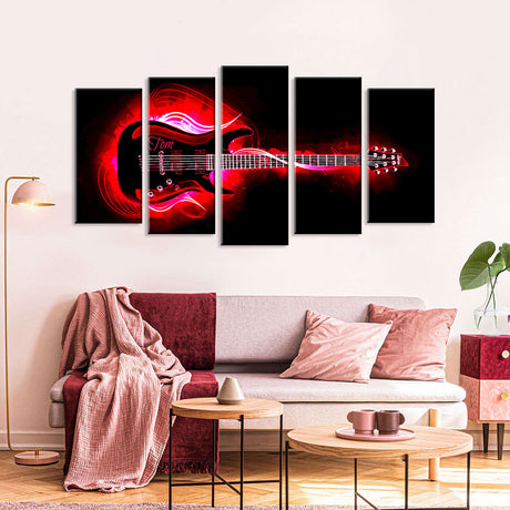 5 Piece Red Electric Guitar on Black Canvas Wall Art