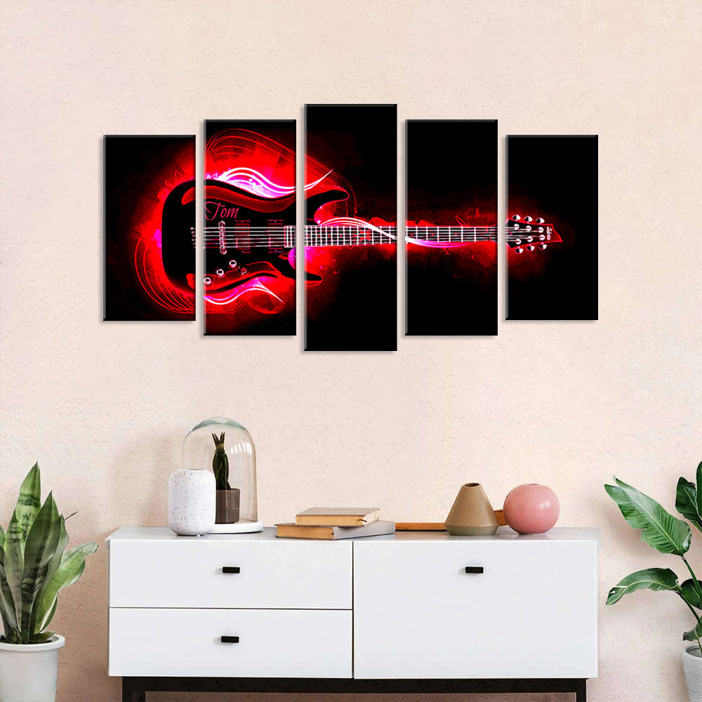 5 Piece Red Electric Guitar on Black Canvas Wall Art