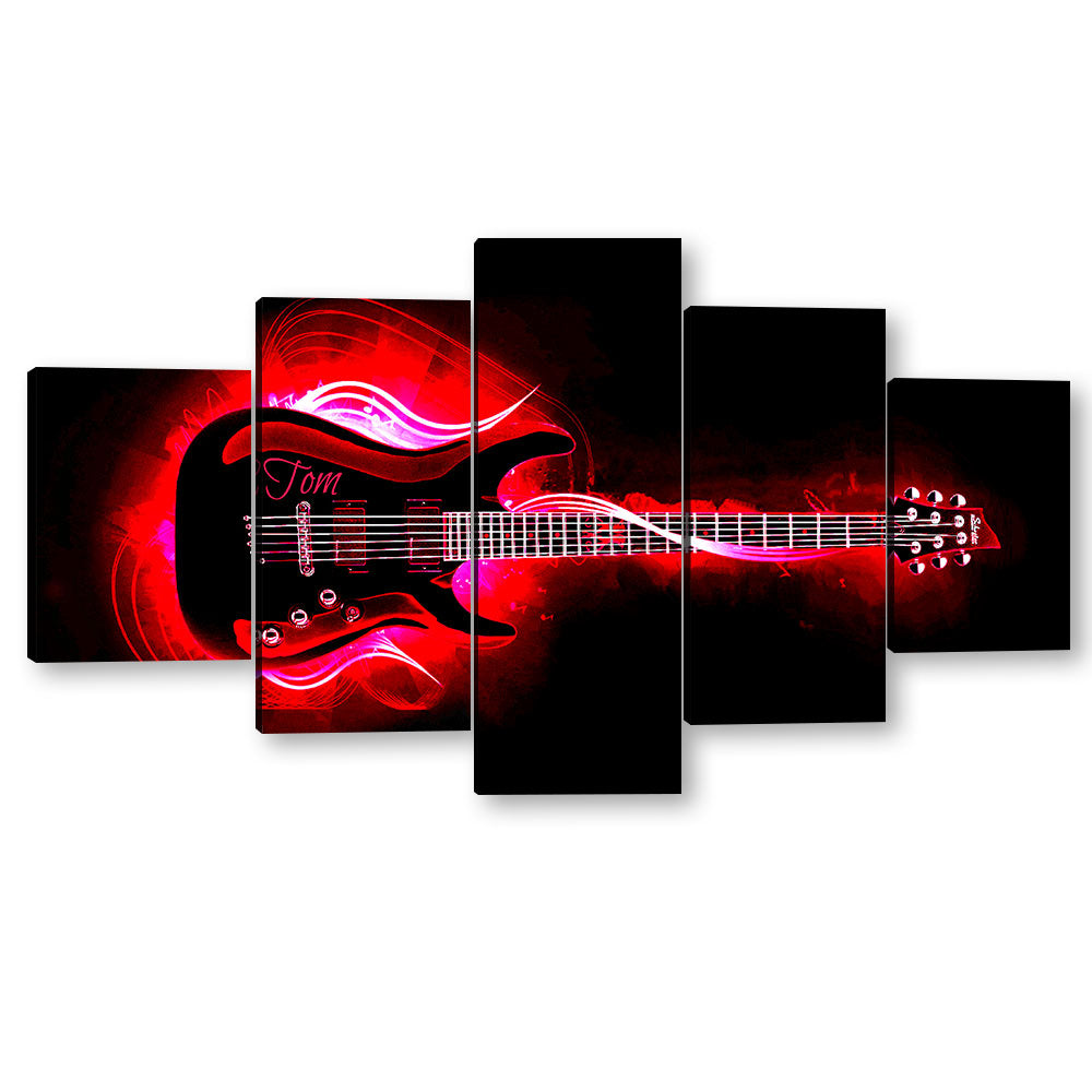 5 Piece Red Electric Guitar on Black Canvas Wall Art