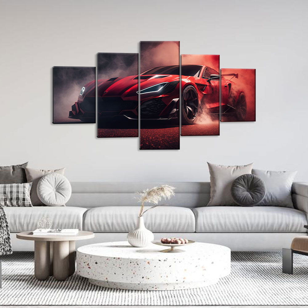 5 Piece Red Sports Car Drifting Canvas Wall Art