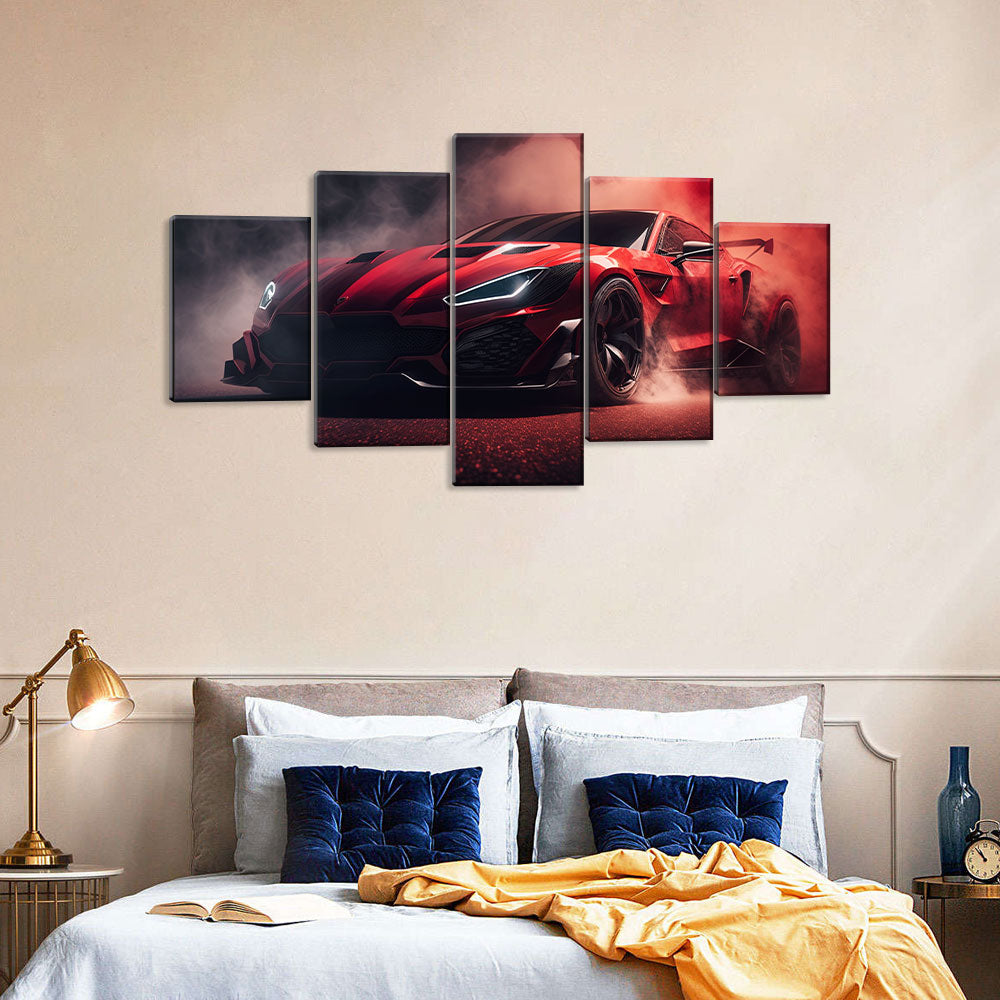 5 Piece Red Sports Car Drifting Canvas Wall Art