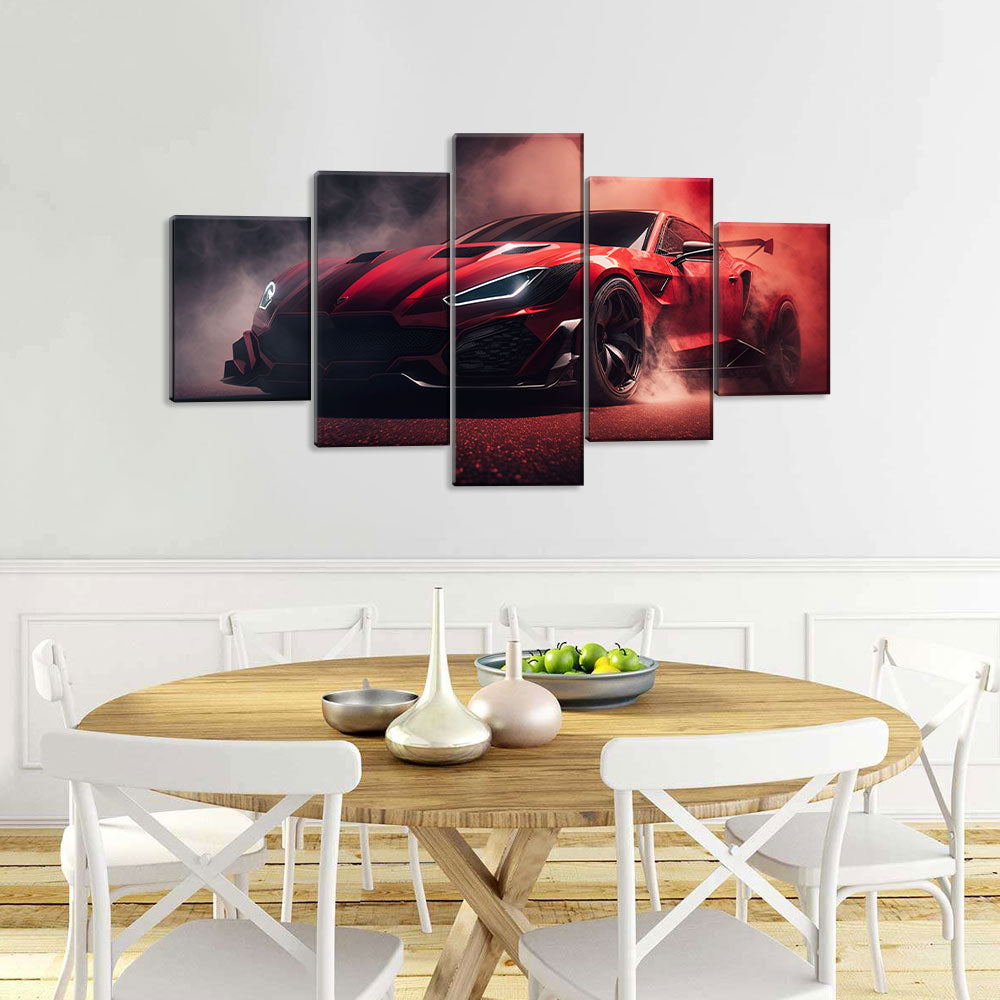 5 Piece Red Sports Car Drifting Canvas Wall Art