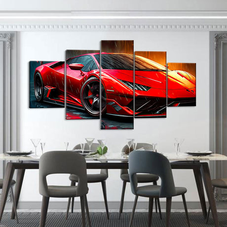 5 Piece Red Sports Car In Rain Canvas Wall Art