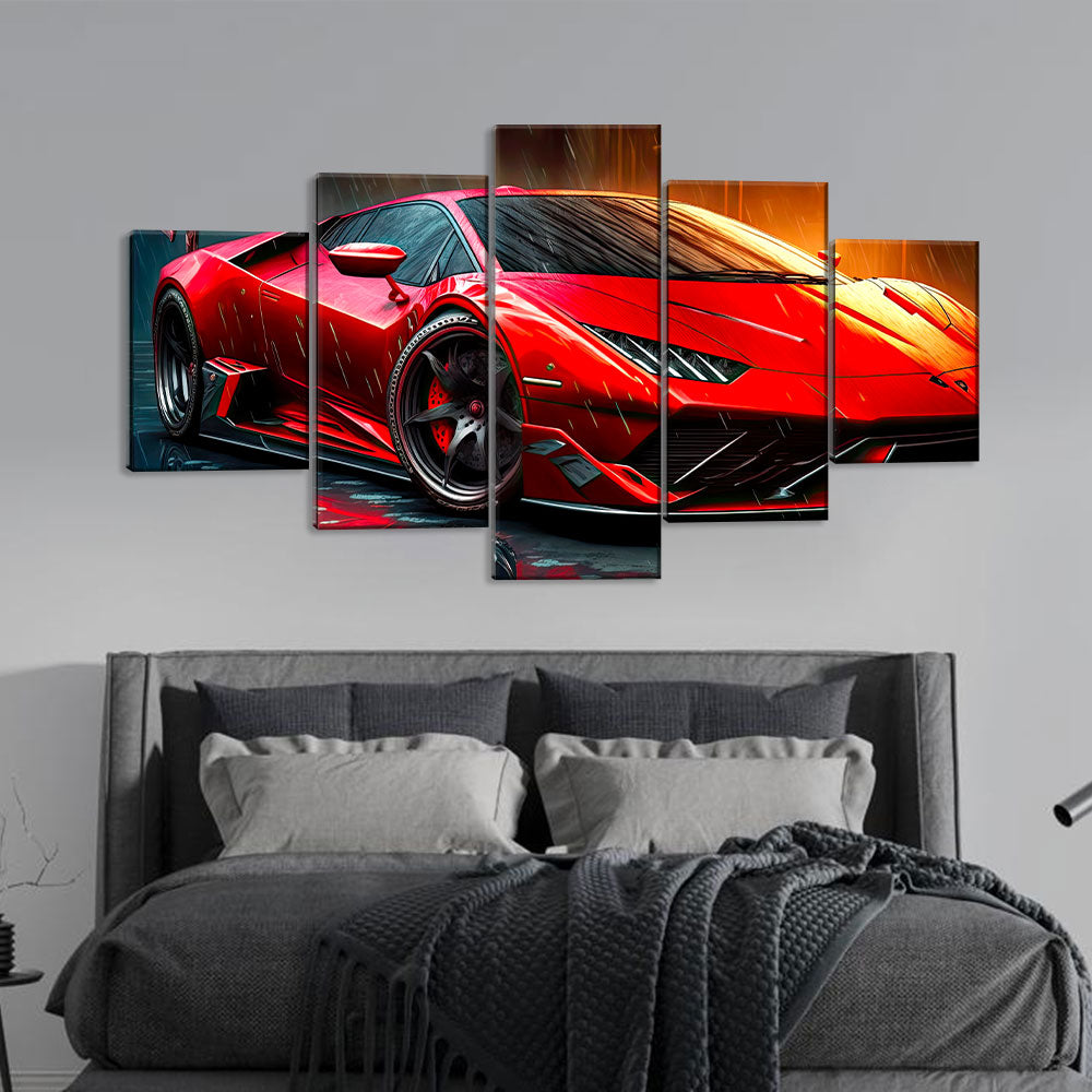 5 Piece Red Sports Car In Rain Canvas Wall Art