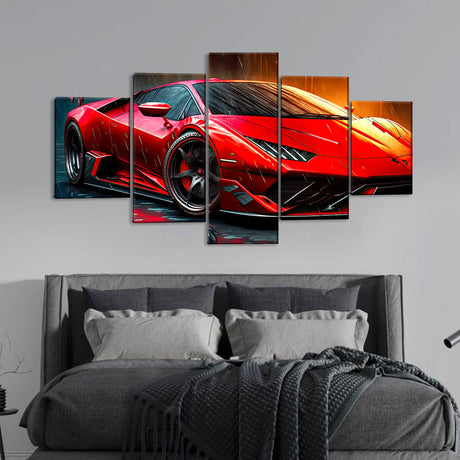 5 Piece Red Sports Car In Rain Canvas Wall Art