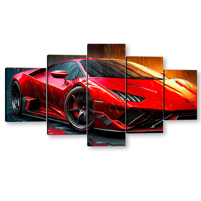 5 Piece Red Sports Car In Rain Canvas Wall Art