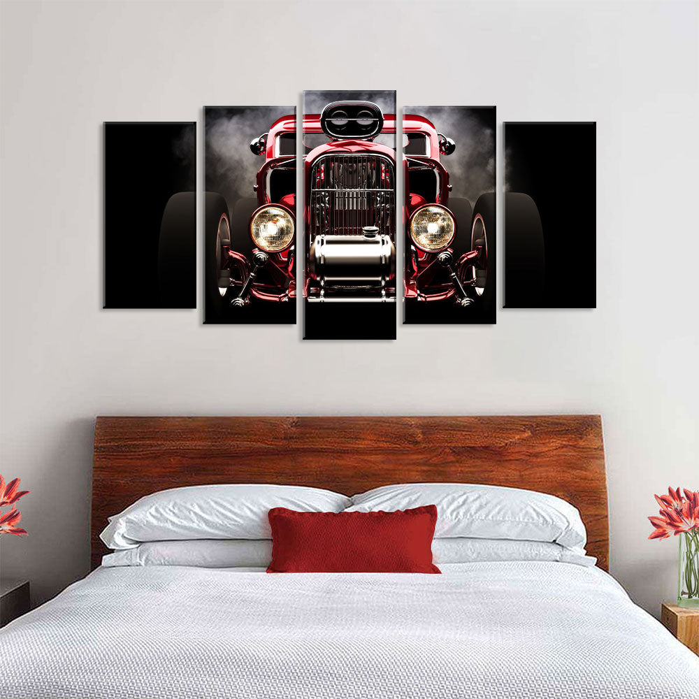 5 Piece Red Vintage Car Canvas Wall Art