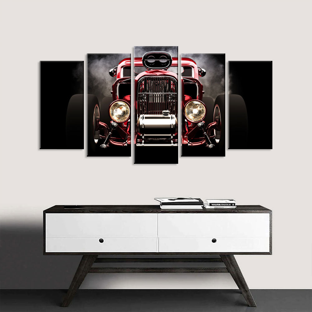 5 Piece Red Vintage Car Canvas Wall Art