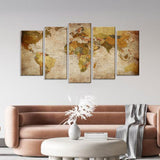 5 Piece Retro World Map Canvas Wall Art