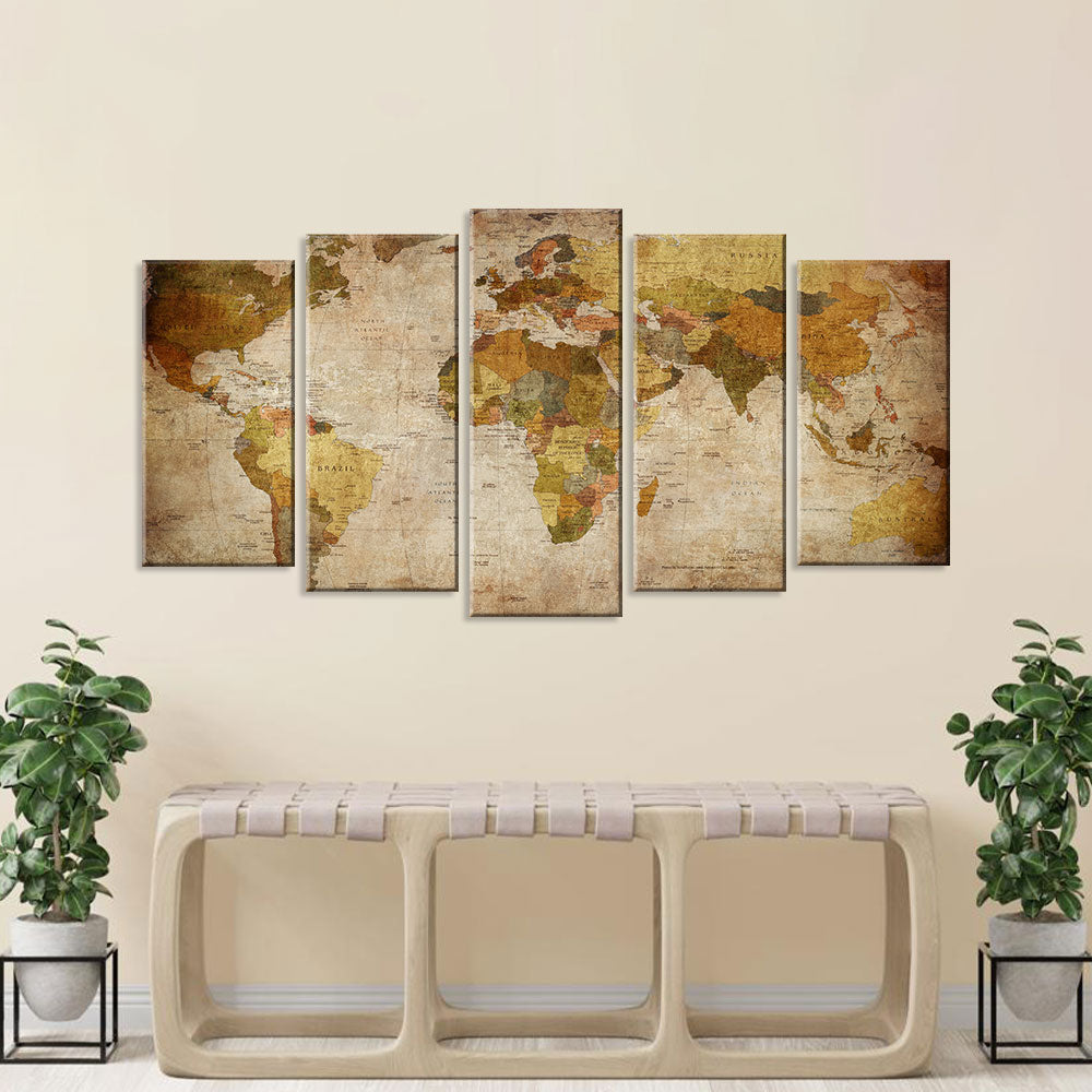 5 Piece Retro World Map Canvas Wall Art