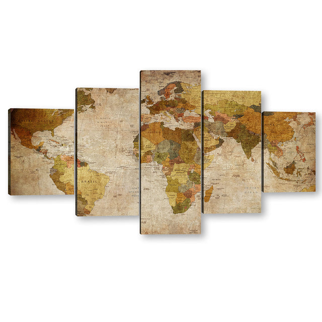 5 Piece Retro World Map Canvas Wall Art