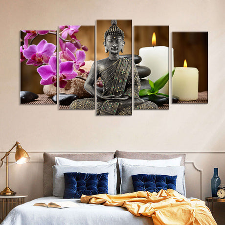 5-Piece Seated Buddha With Orchid And Candle Canvas Wall Art