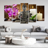 5-Piece Seated Buddha With Orchid And Candle Canvas Wall Art