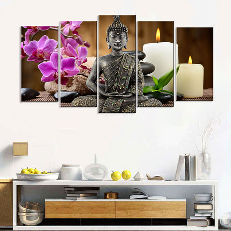 5-Piece Seated Buddha With Orchid And Candle Canvas Wall Art