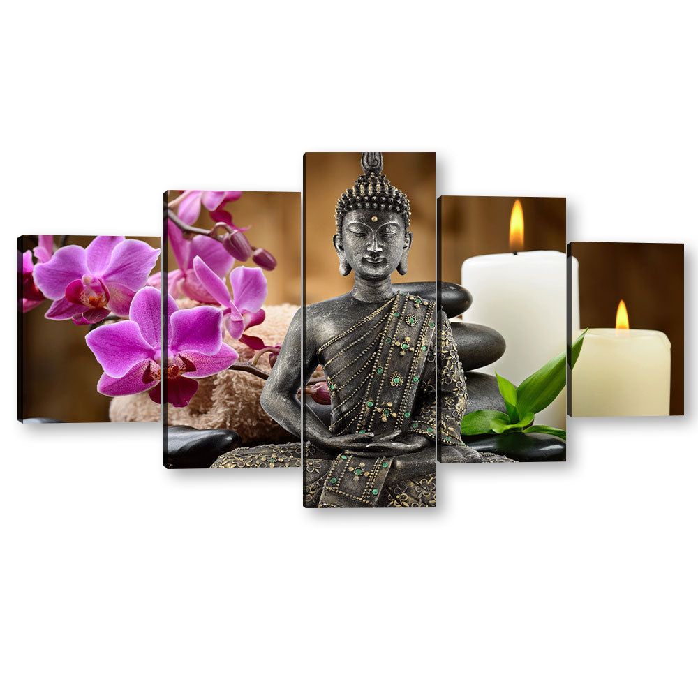 5-Piece Seated Buddha With Orchid And Candle Canvas Wall Art