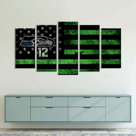 5 Piece Seattle Seahawks in American Flag Canvas Wall Art