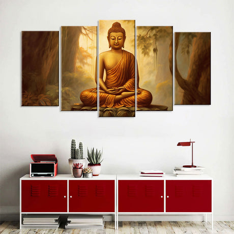 5-Piece Sitting Buddha In Forest Canvas Wall Art