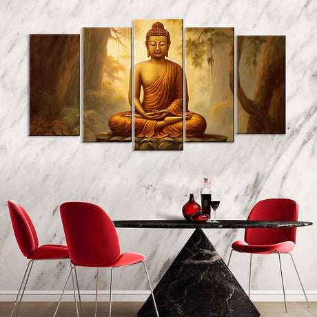 5-Piece Sitting Buddha In Forest Canvas Wall Art