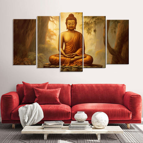 5-Piece Sitting Buddha In Forest Canvas Wall Art