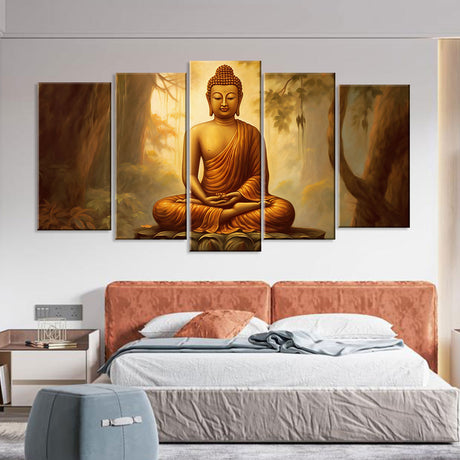 5-Piece Sitting Buddha In Forest Canvas Wall Art