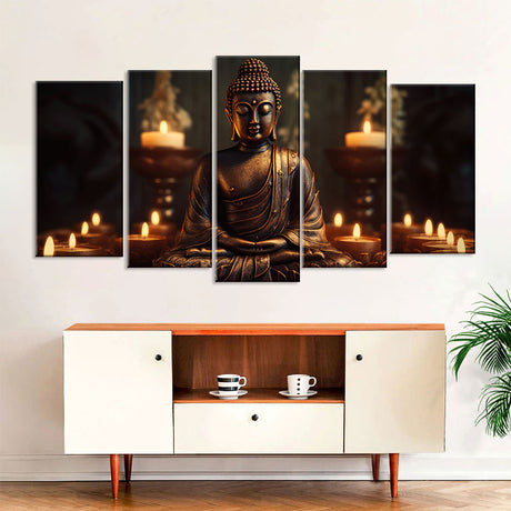 5-Piece Sitting Buddha With Candles Canvas Wall Art