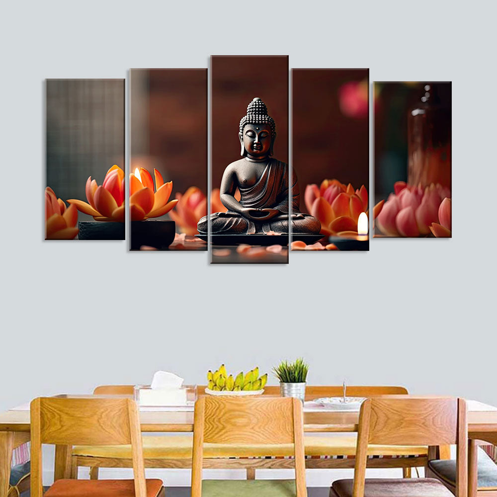 5-Piece Sitting Buddha With Lotus Canvas Wall Art