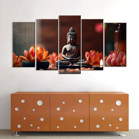 5-Piece Sitting Buddha With Lotus Canvas Wall Art