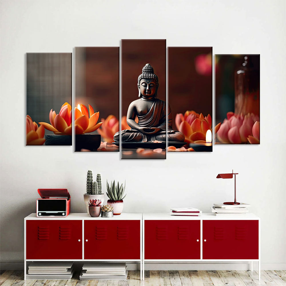 5-Piece Sitting Buddha With Lotus Canvas Wall Art