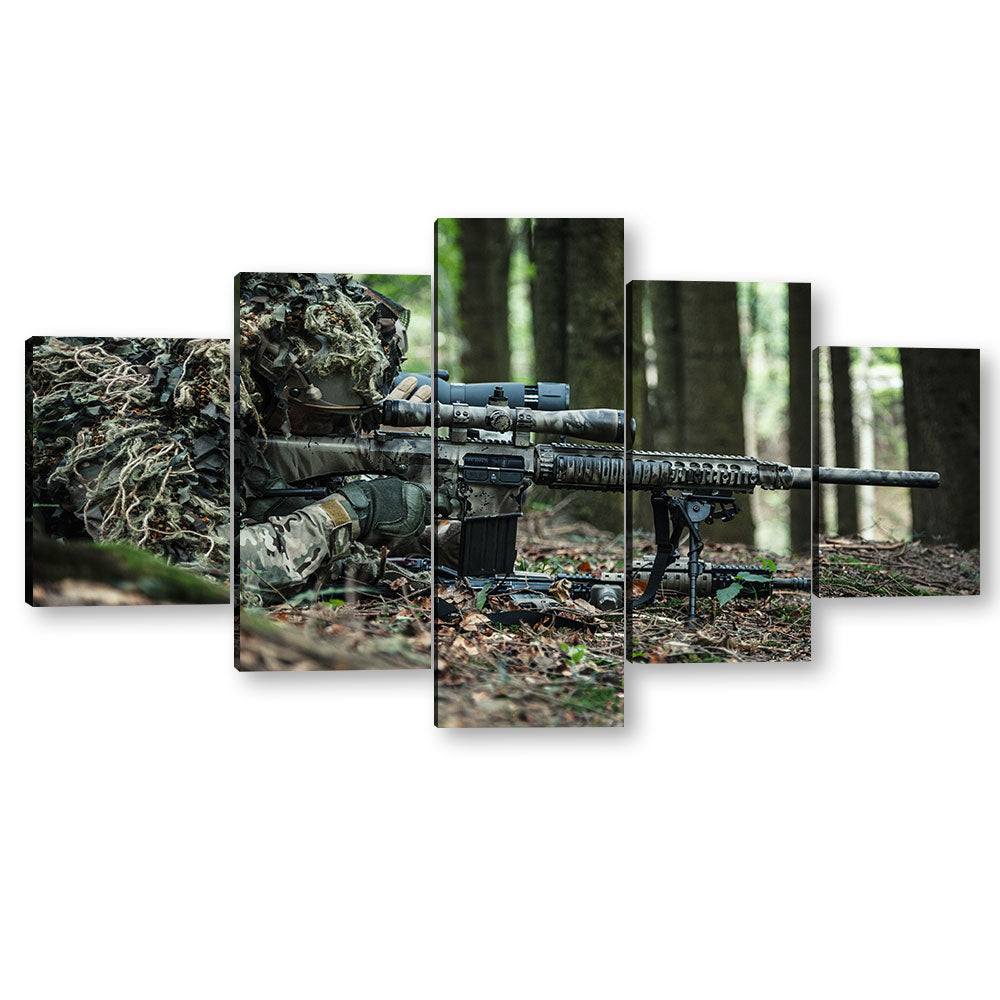 5 Piece Sniper Aiming in Forest Canvas Wall Art