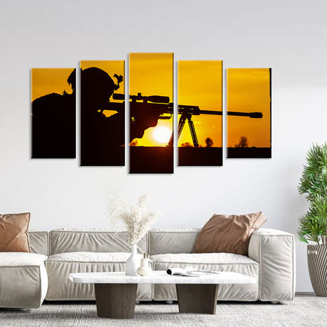 5 Piece Sniper Aiming in Sunset Canvas Wall Art