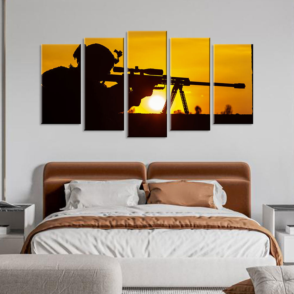 5 Piece Sniper Aiming in Sunset Canvas Wall Art