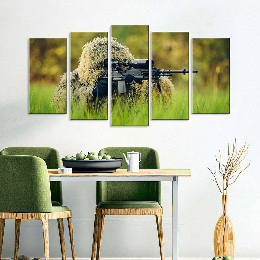 5 Piece Sniper in Ghillie Suit Canvas Wall Art