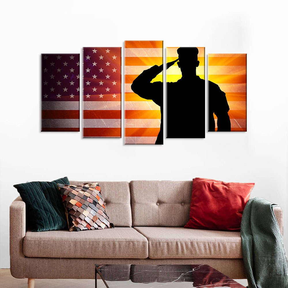 5 Piece Soldier Saluting US Flag Canvas Wall Art