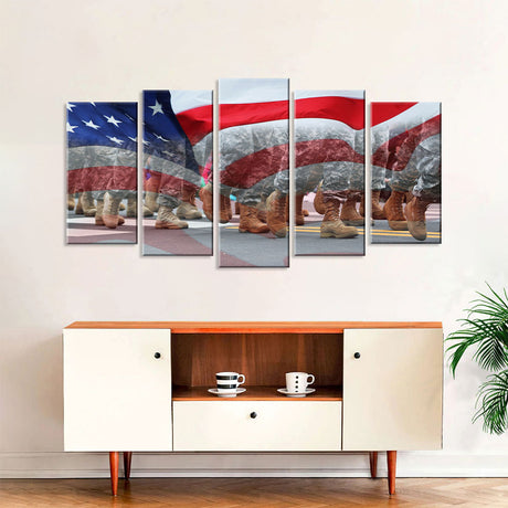 5 Piece Soldiers Running Shadow with US Flag Canvas Wall Art