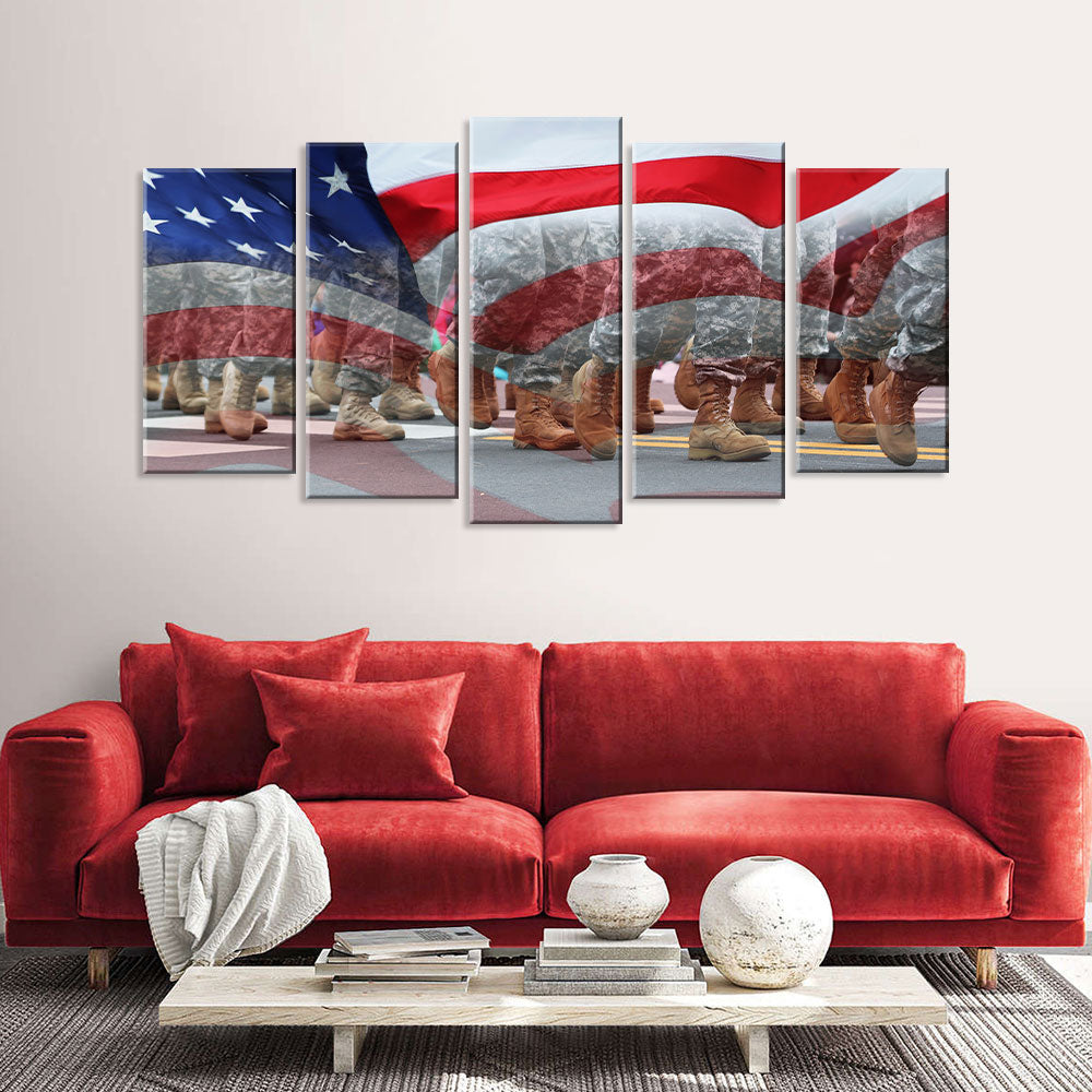 5 Piece Soldiers Running Shadow with US Flag Canvas Wall Art