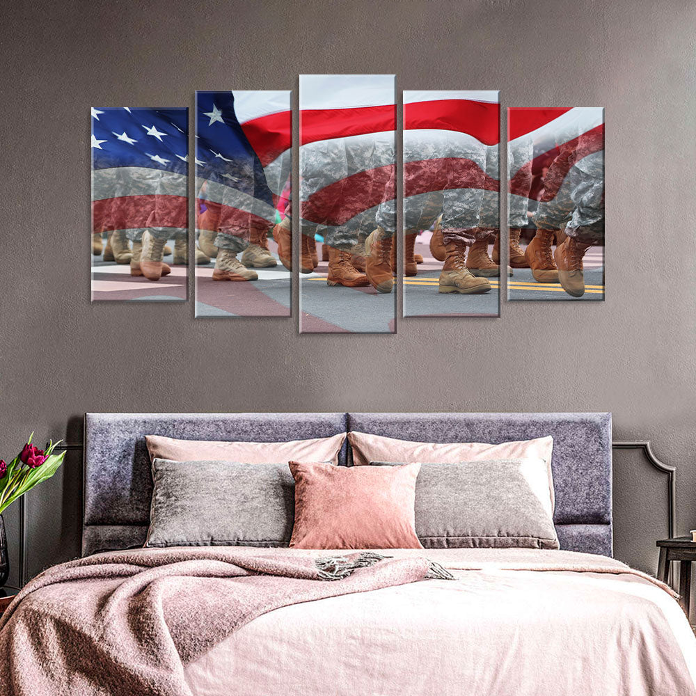 5 Piece Soldiers Running Shadow with US Flag Canvas Wall Art