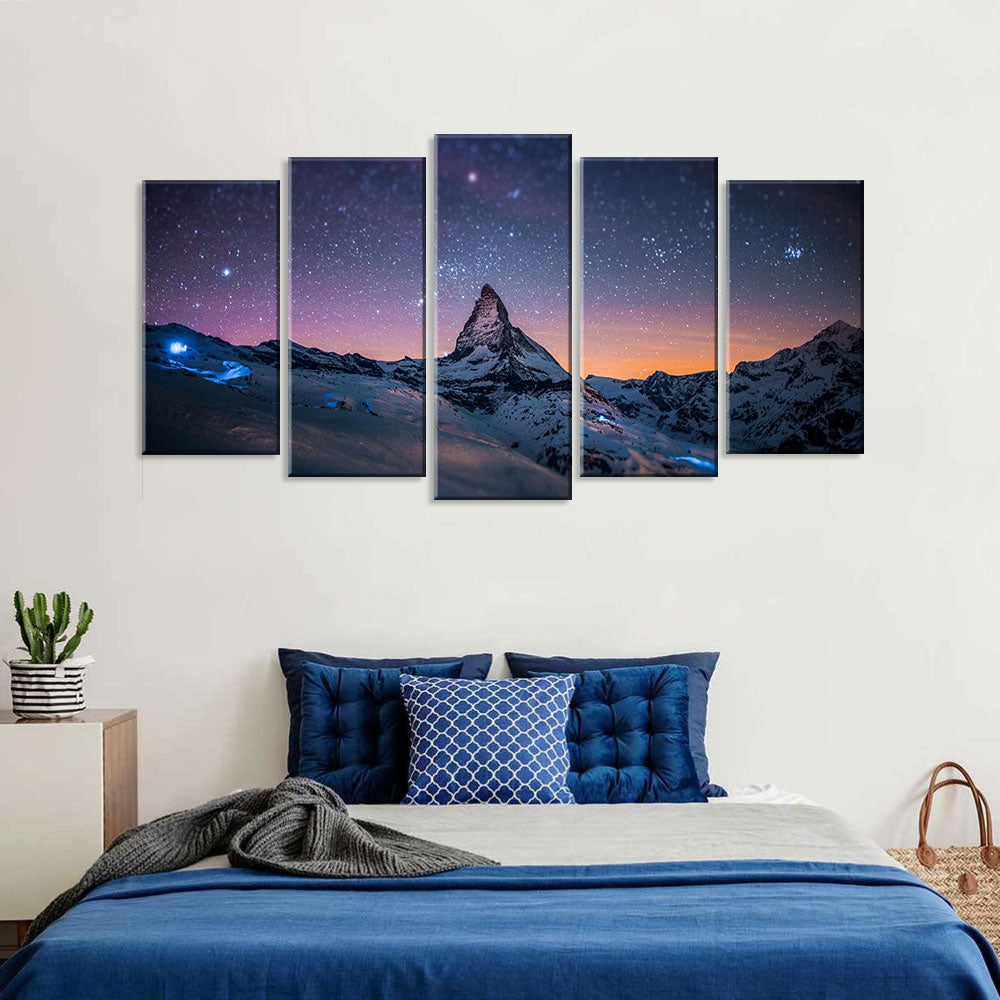 5 Piece Starry Night Over the Mountain Canvas Wall Art