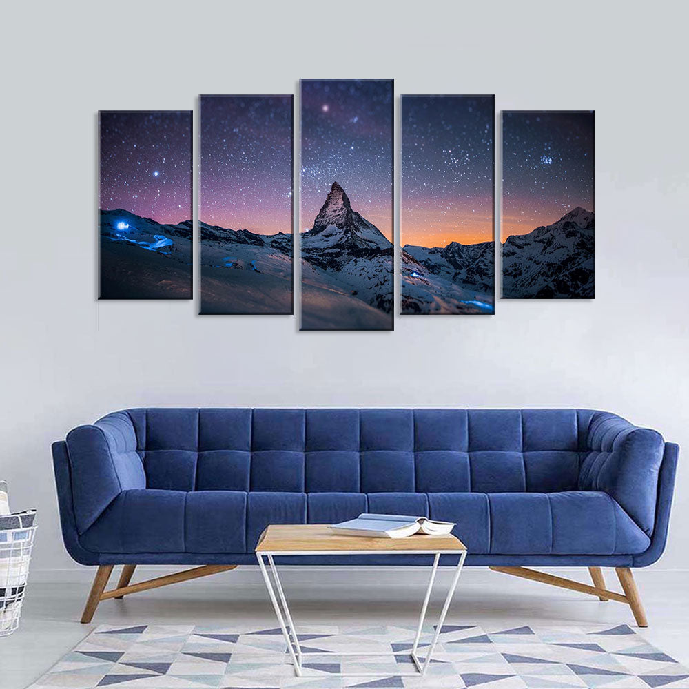 5 Piece Starry Night Over the Mountain Canvas Wall Art