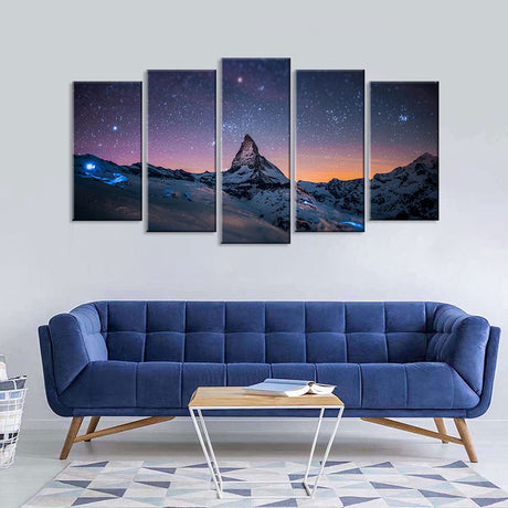 5 Piece Starry Night Over the Mountain Canvas Wall Art