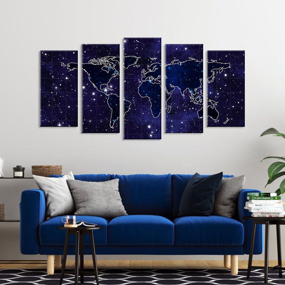 5 Piece Starry Night World Map Canvas Wall Art